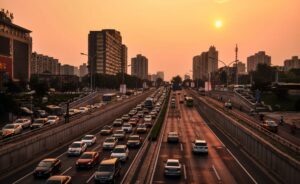 Circulation dense sur autoroute par forte chaleur en été